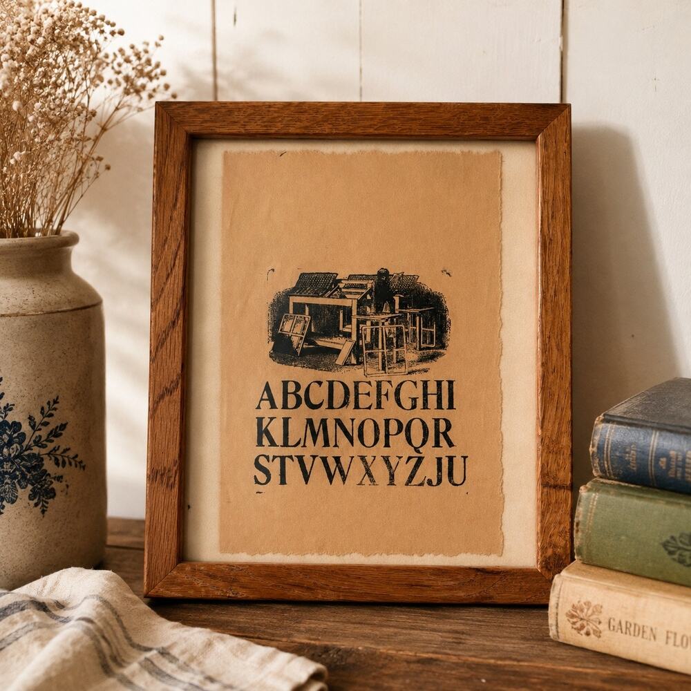Vintage Framed Alphabet Print Primitive Folk Art Wood Frame